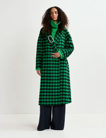 Green and navy blue checked wool coat