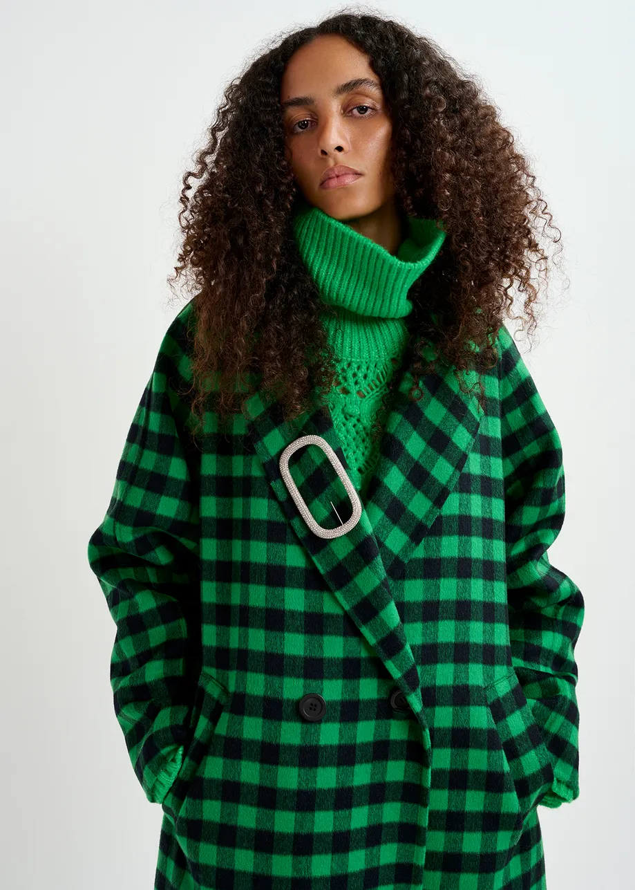 Green and navy blue checked wool coat