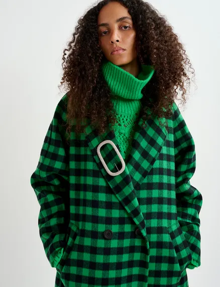 Green and navy blue checked wool coat