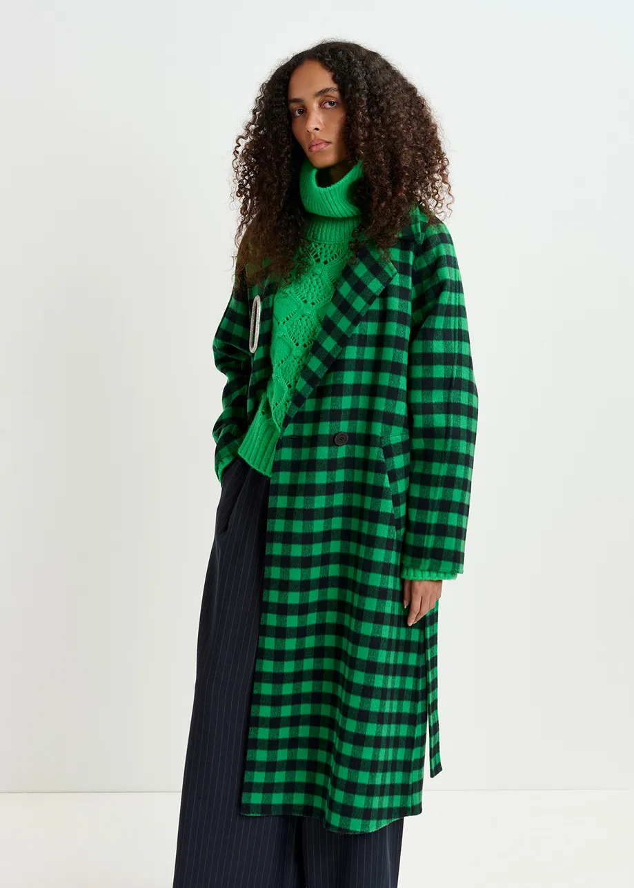 Green and navy blue checked wool coat