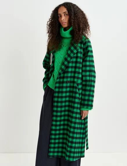 Green and navy blue checked wool coat