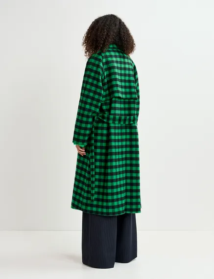 Green and navy blue checked wool coat