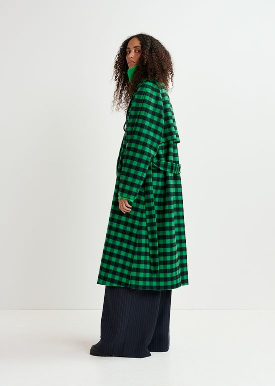 Manteau en laine à carreaux vert et bleu marine