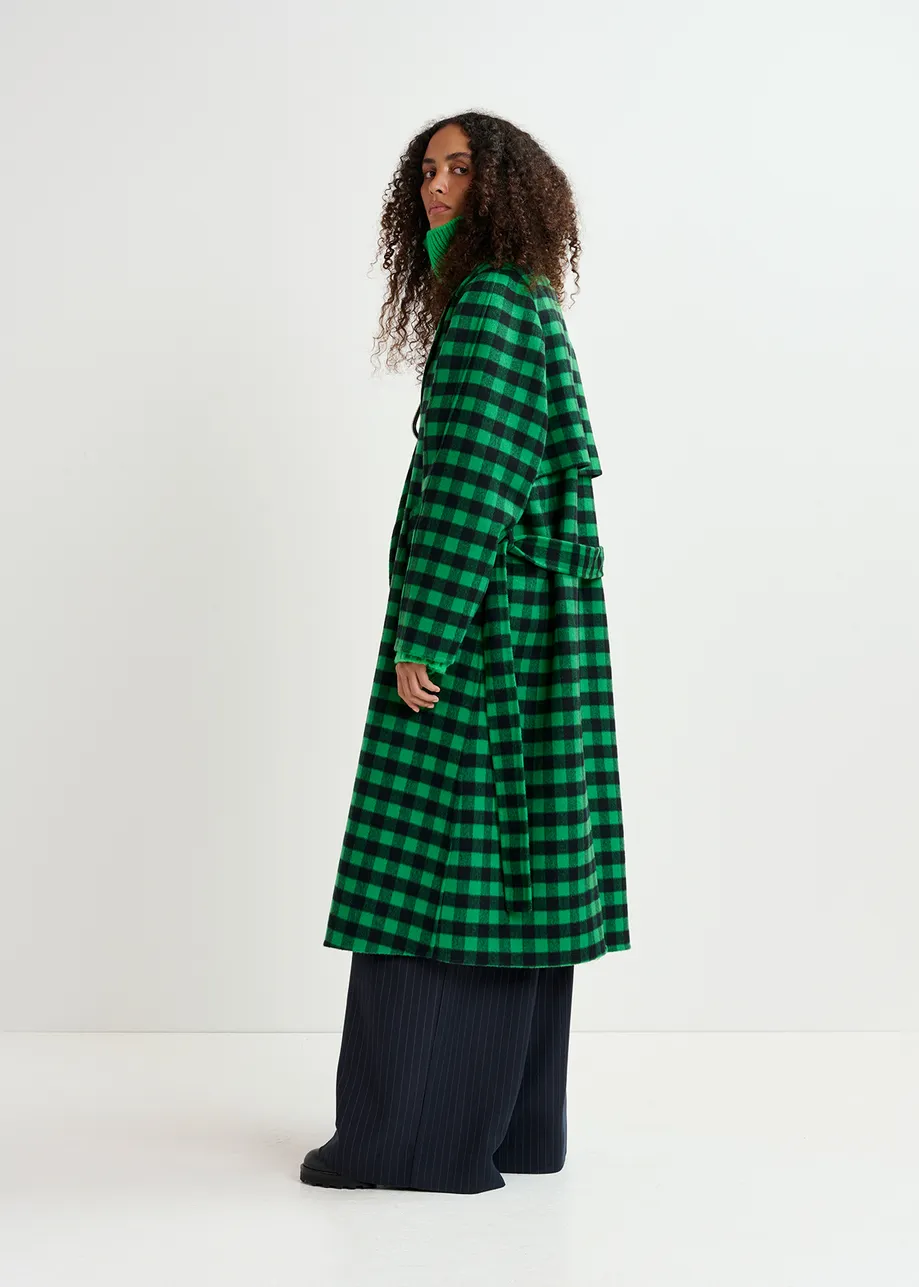 Green and navy blue checked wool coat