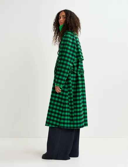 Green and navy blue checked wool coat