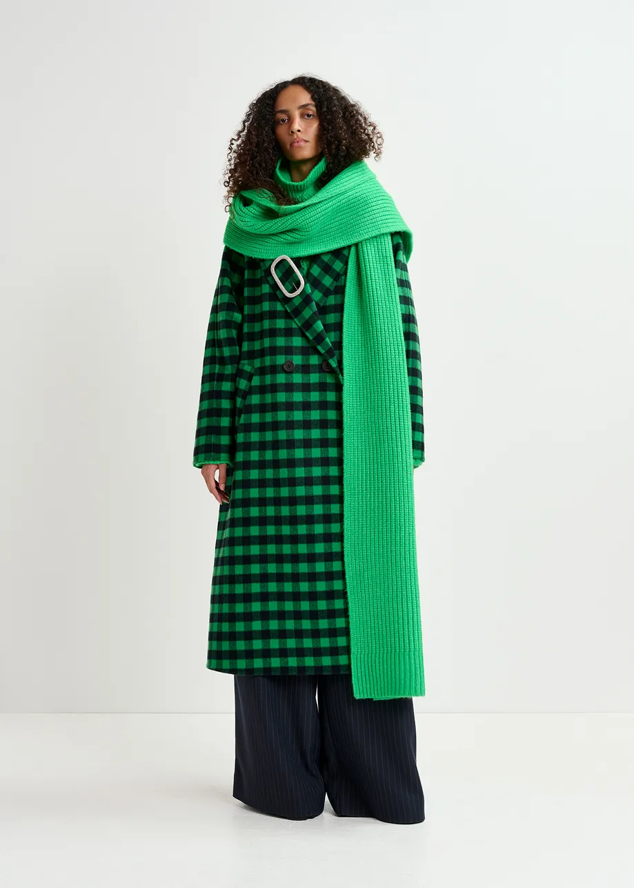 Green and navy blue checked wool coat