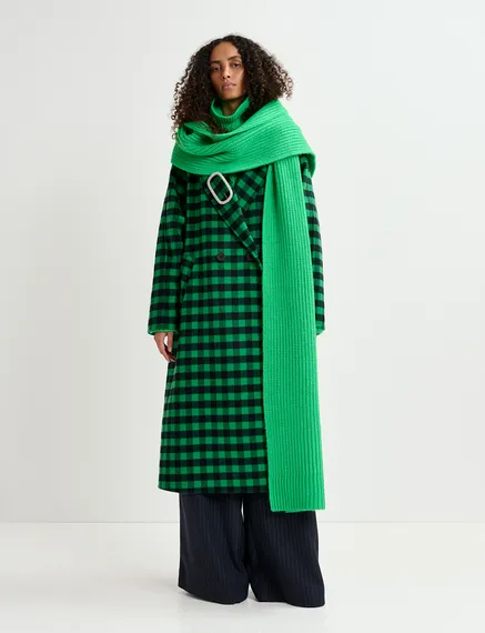 Green and navy blue checked wool coat