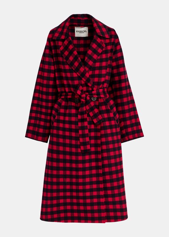 Red and black checked wool coat