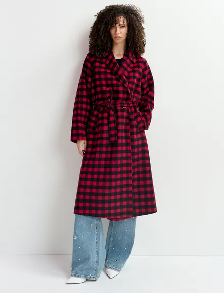 Red and black checked wool coat