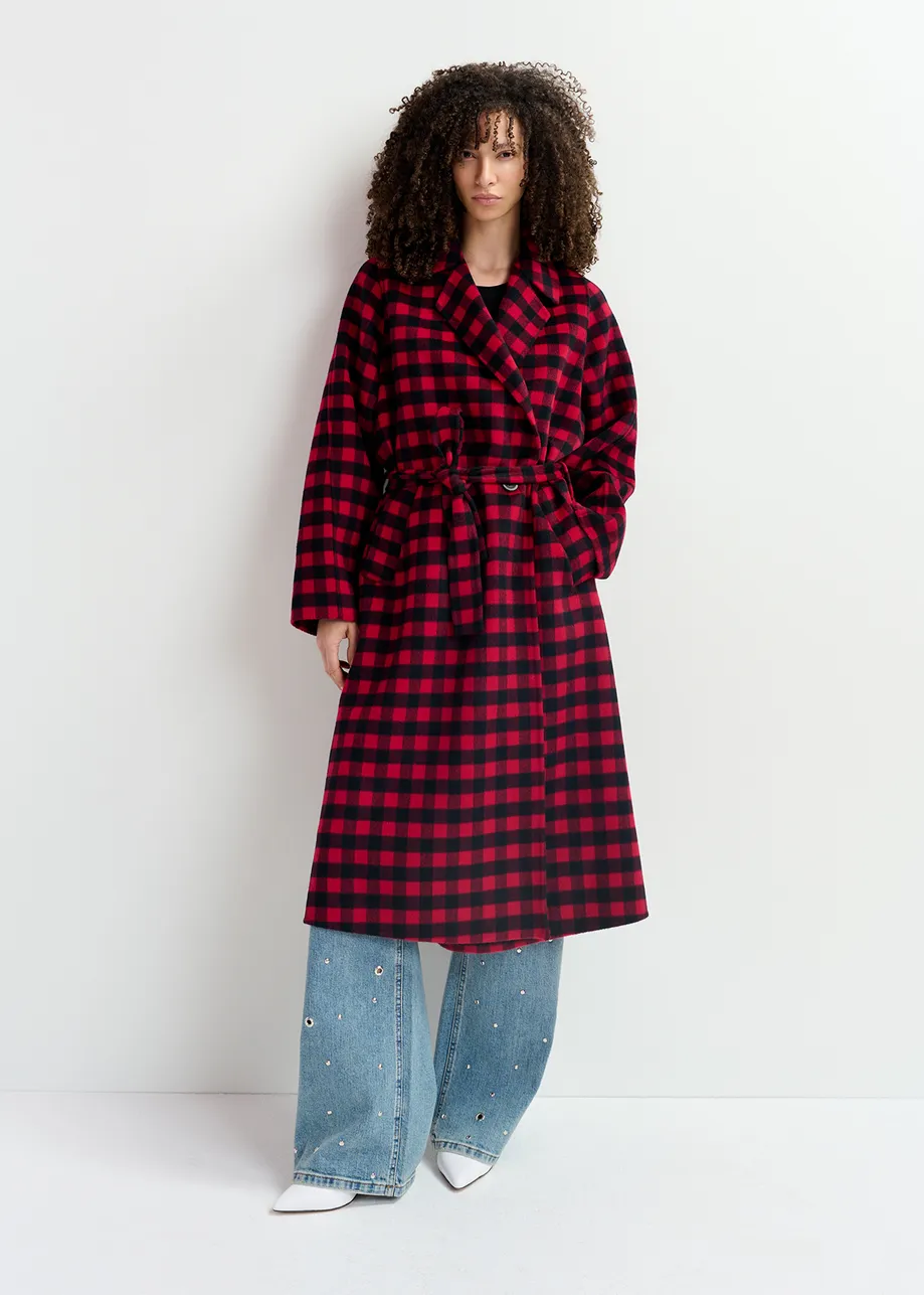 Red and black checked wool coat