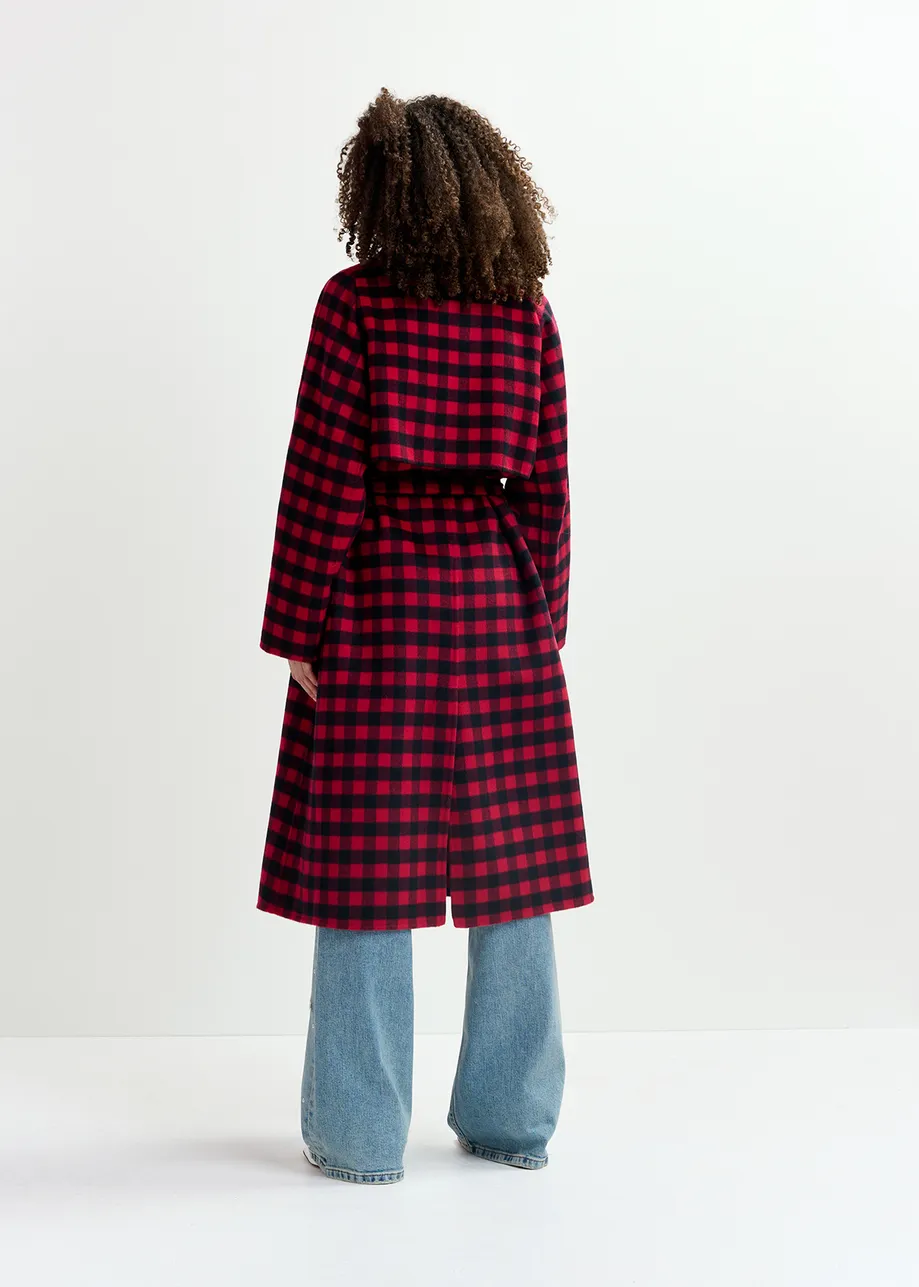 Red and black checked wool coat