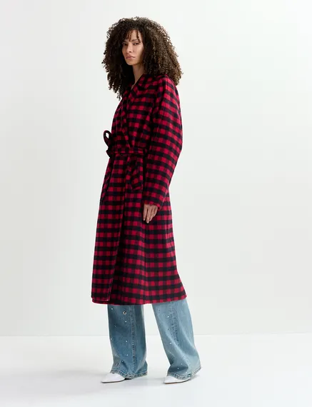 Red and black checked wool coat