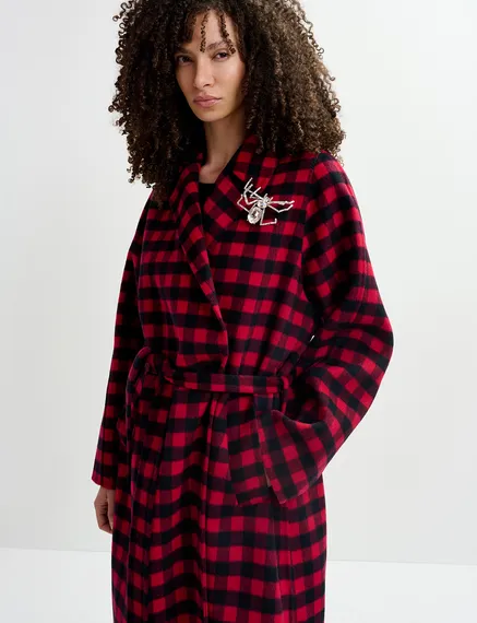 Red and black checked wool coat