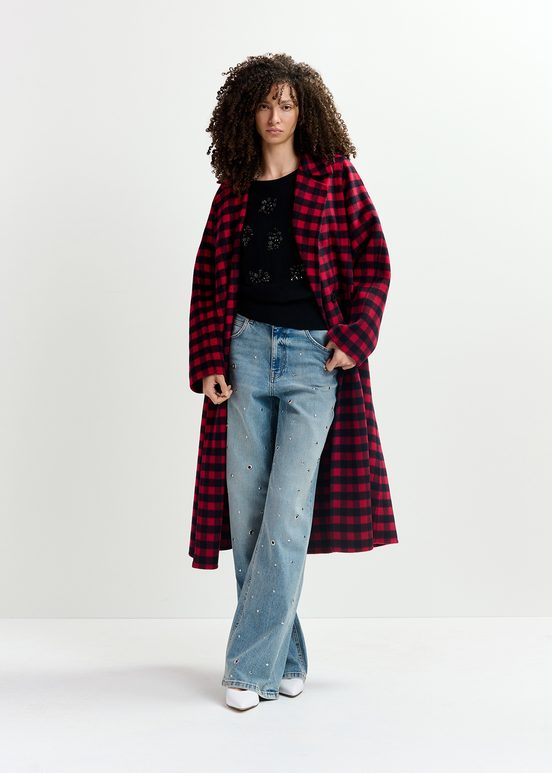 Red and black checked wool coat