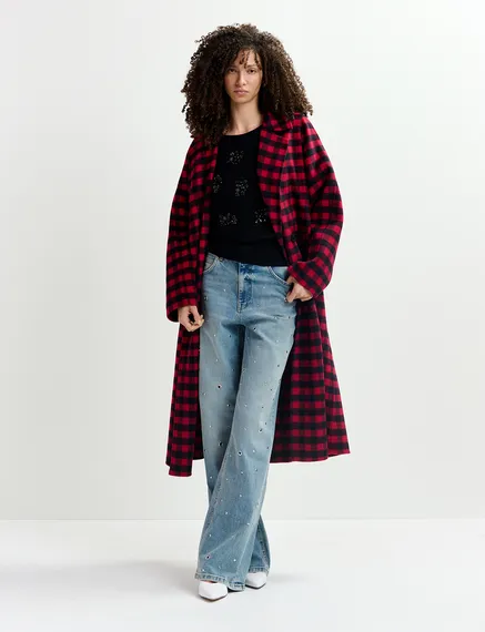 Red and black checked wool coat