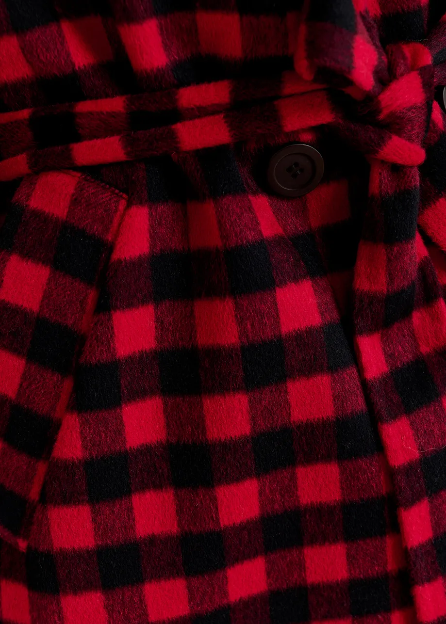 Manteau en laine à carreaux rouge et noir