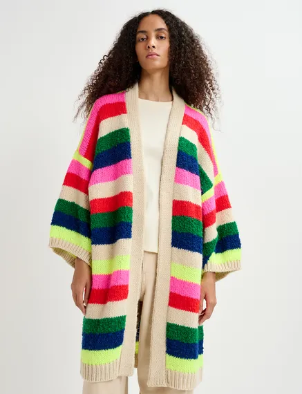 Cardigan mi-long à rayures multicolore