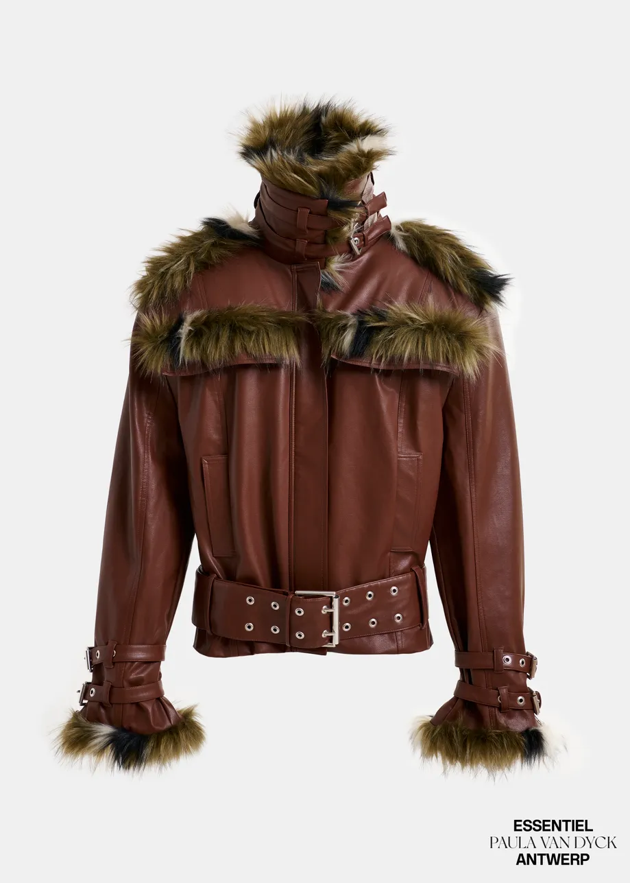 Brown oversized faux leather jacket with faux fur lining and buckle fastenings