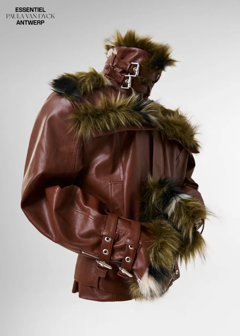 Brown oversized faux leather jacket with faux fur lining and buckle fastenings