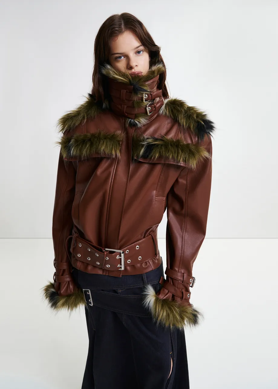 Brown oversized faux leather jacket with faux fur lining and buckle fastenings