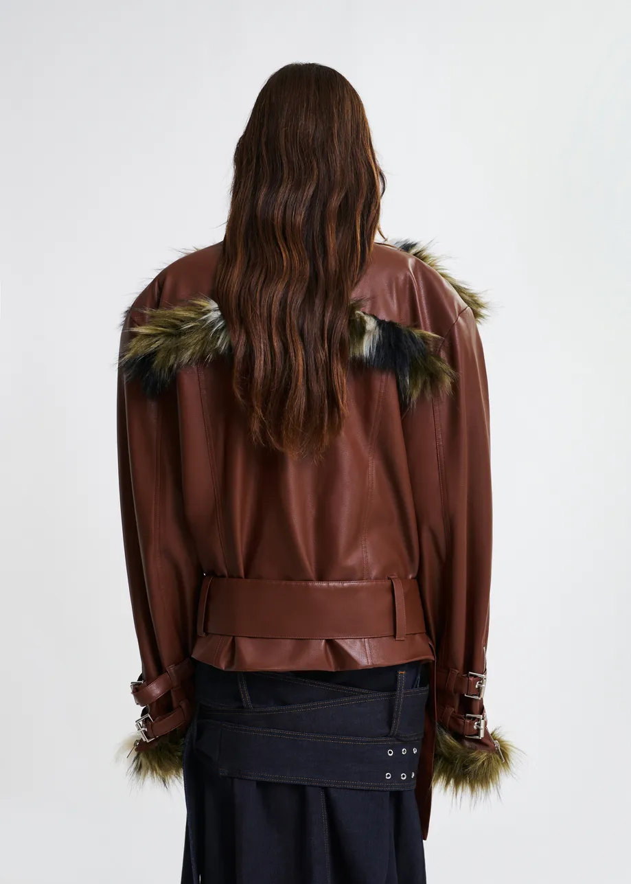 Brown oversized faux leather jacket with faux fur lining and buckle fastenings