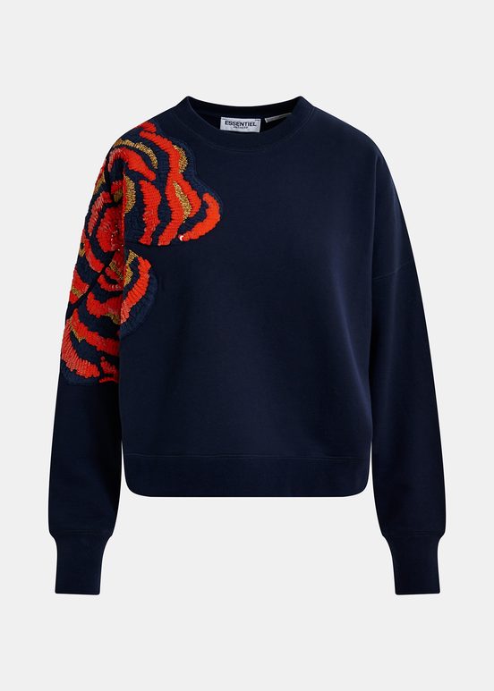 Marineblauwe biokatoenen sweater met pailletten en kralen