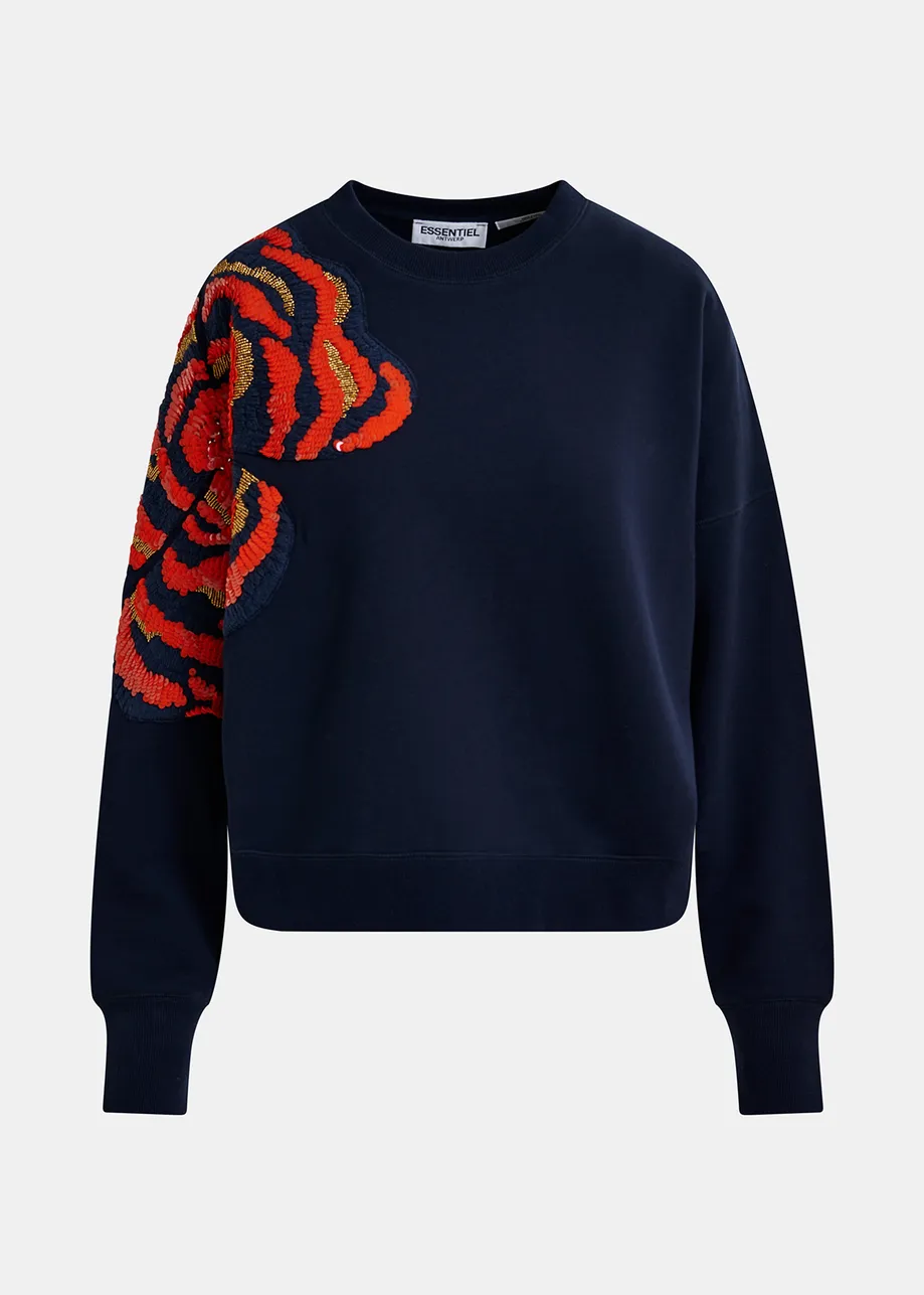 Navy blue organic cotton sweatshirt with sequin and bead embroideries