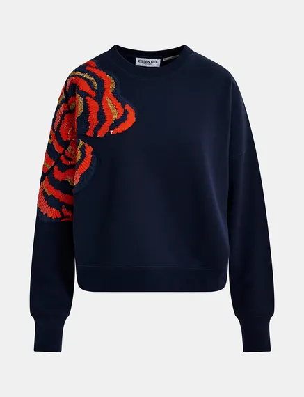 Navy blue organic cotton sweatshirt with sequin and bead embroideries