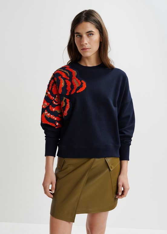 Navy blue organic cotton sweatshirt with sequin and bead embroideries