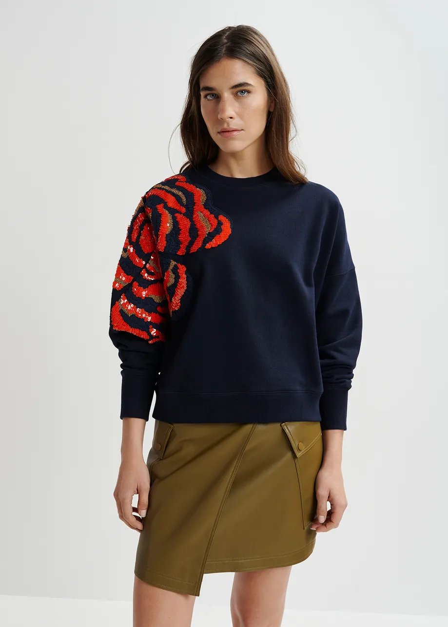 Navy blue organic cotton sweatshirt with sequin and bead embroideries