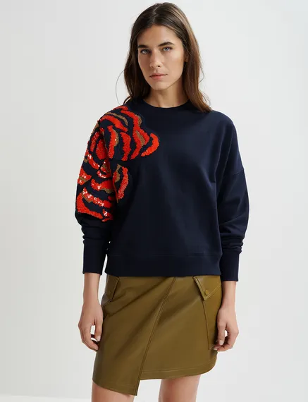 Marineblaues Sweatshirt aus Bio-Baumwolle mit Pailletten- und Perlenstickereien