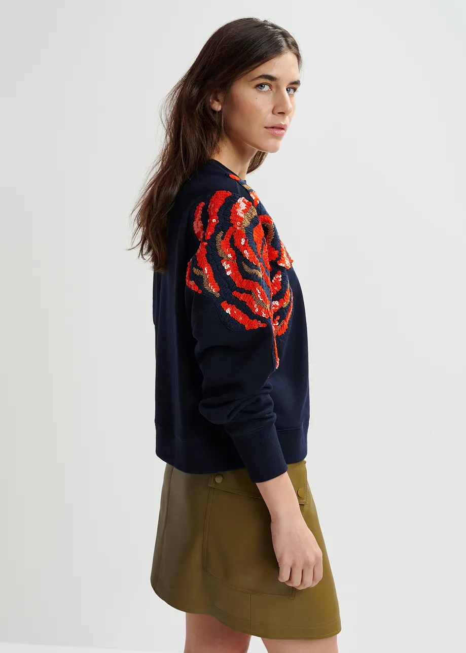 Navy blue organic cotton sweatshirt with sequin and bead embroideries