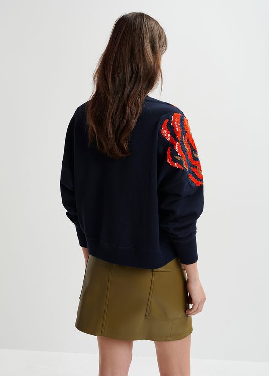 Navy blue organic cotton sweatshirt with sequin and bead embroideries