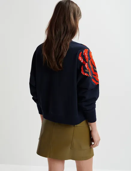 Navy blue organic cotton sweatshirt with sequin and bead embroideries