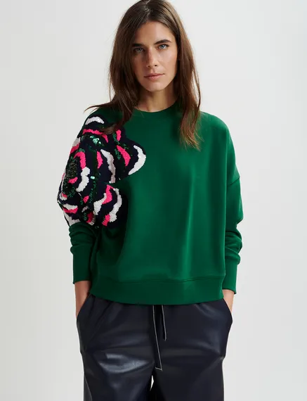 Green organic cotton sweatshirt with sequin and bead embroideries