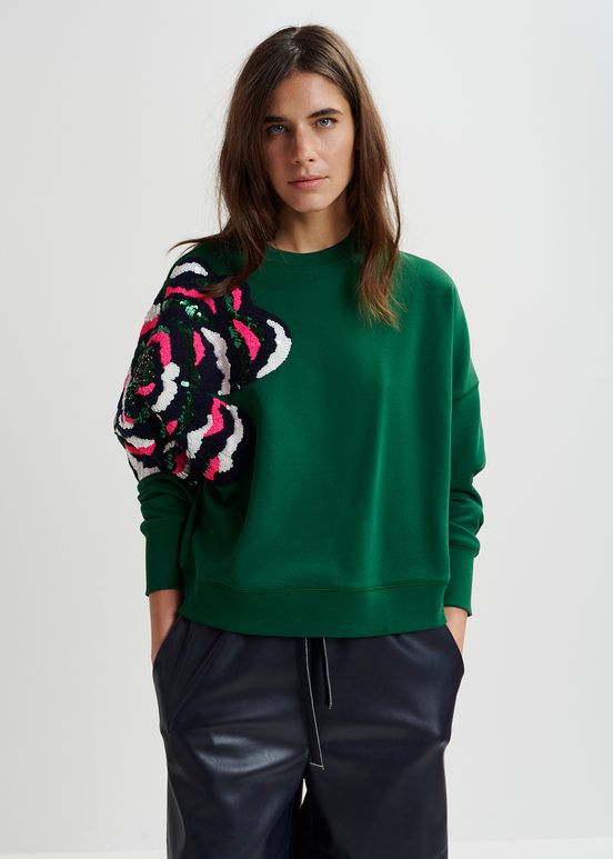 Groene biokatoenen sweater met pailletten en kralen