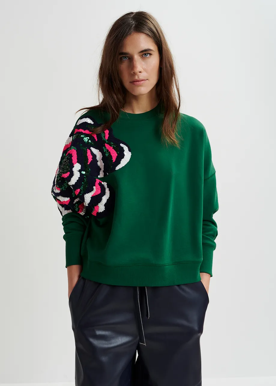 Green organic cotton sweatshirt with sequin and bead embroideries