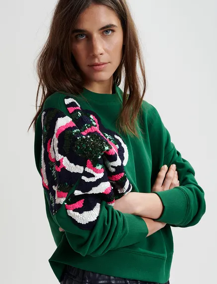 Green organic cotton sweatshirt with sequin and bead embroideries