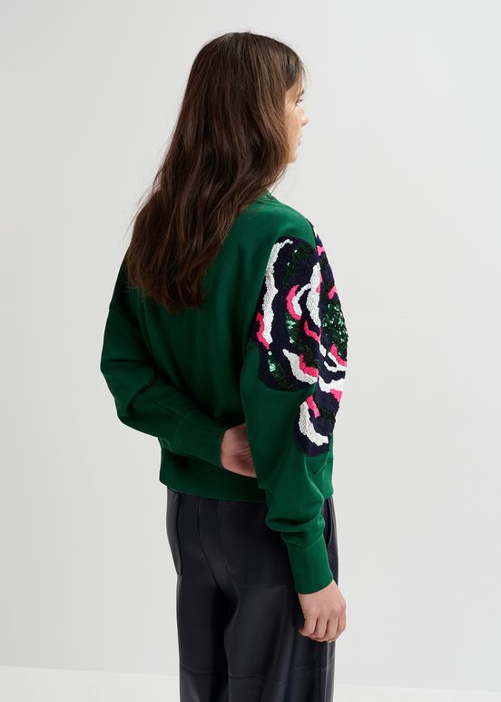 Green organic cotton sweatshirt with sequin and bead embroideries