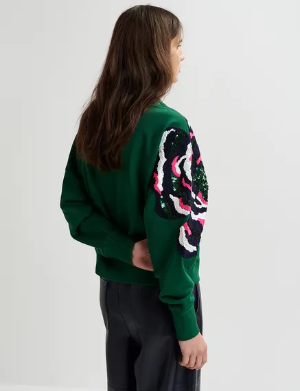 Green organic cotton sweatshirt with sequin and bead embroideries