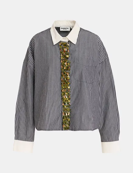 Black and off-white striped cotton shirt with embellished button placket