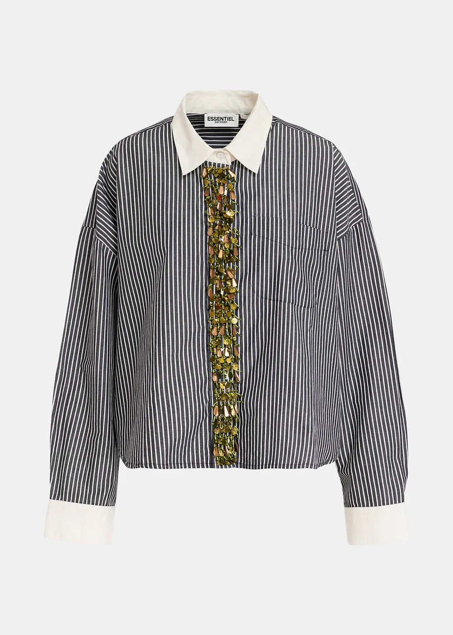 Black and off-white striped cotton shirt with embellished button placket