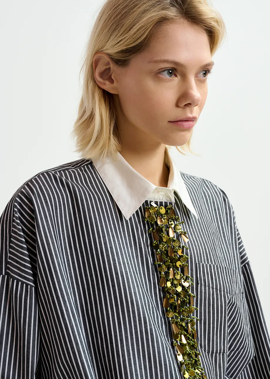 Black and off-white striped cotton shirt with embellished button placket