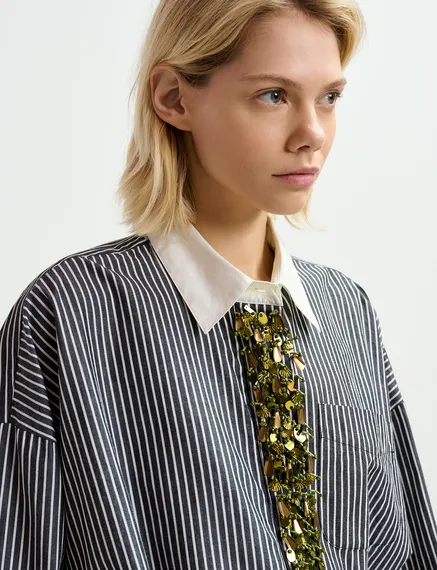 Black and off-white striped cotton shirt with embellished button placket