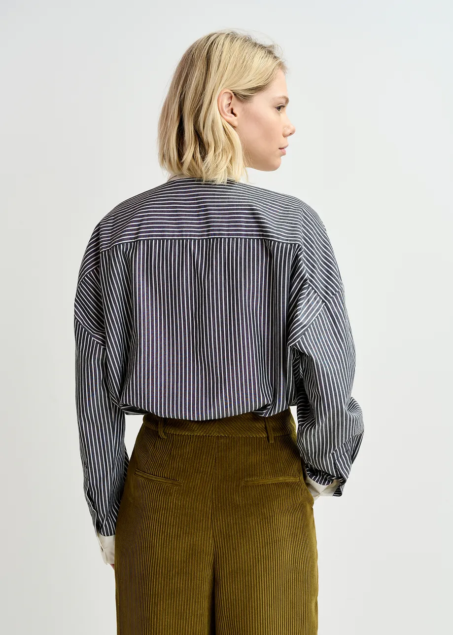 Black and off-white striped cotton shirt with embellished button placket