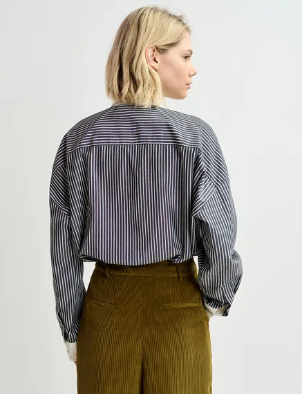 Black and off-white striped cotton shirt with embellished button placket