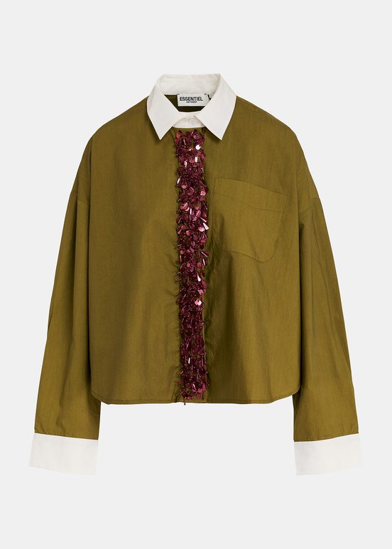 Khaki cotton shirt with embellished button placket