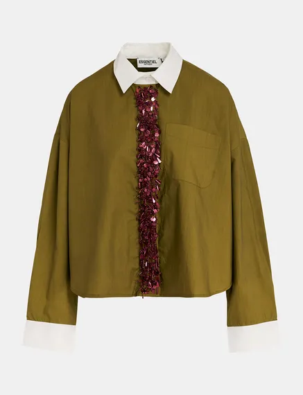 Khaki cotton shirt with embellished button placket