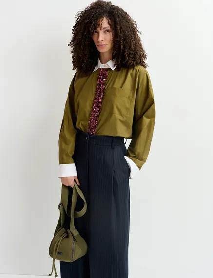 Khaki cotton shirt with embellished button placket