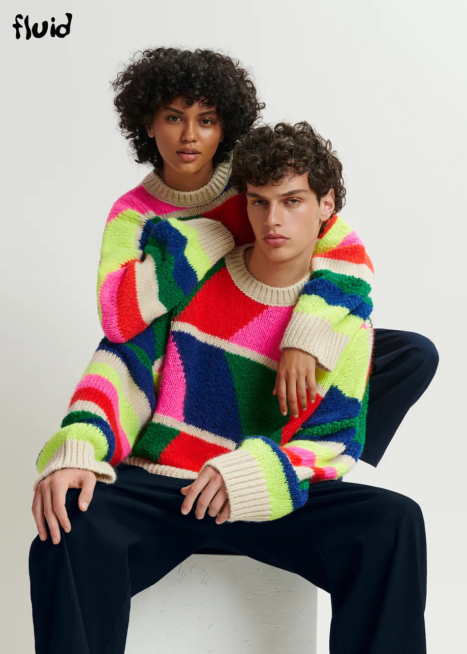 Multicolor geometric intarsia-knitted sweater